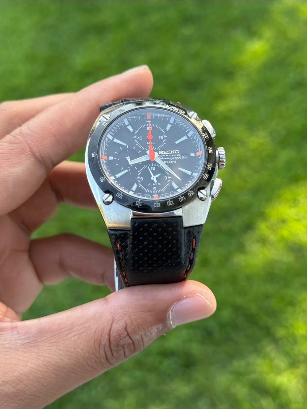 Seiko sportura Black Dial Men's Chronograph Watch with Orange Accents